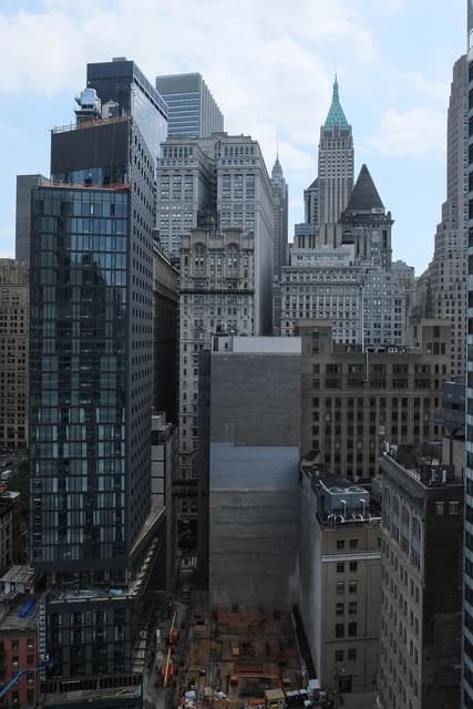 Skyscrapers and architectural styles in the Financial District, Manhattan.