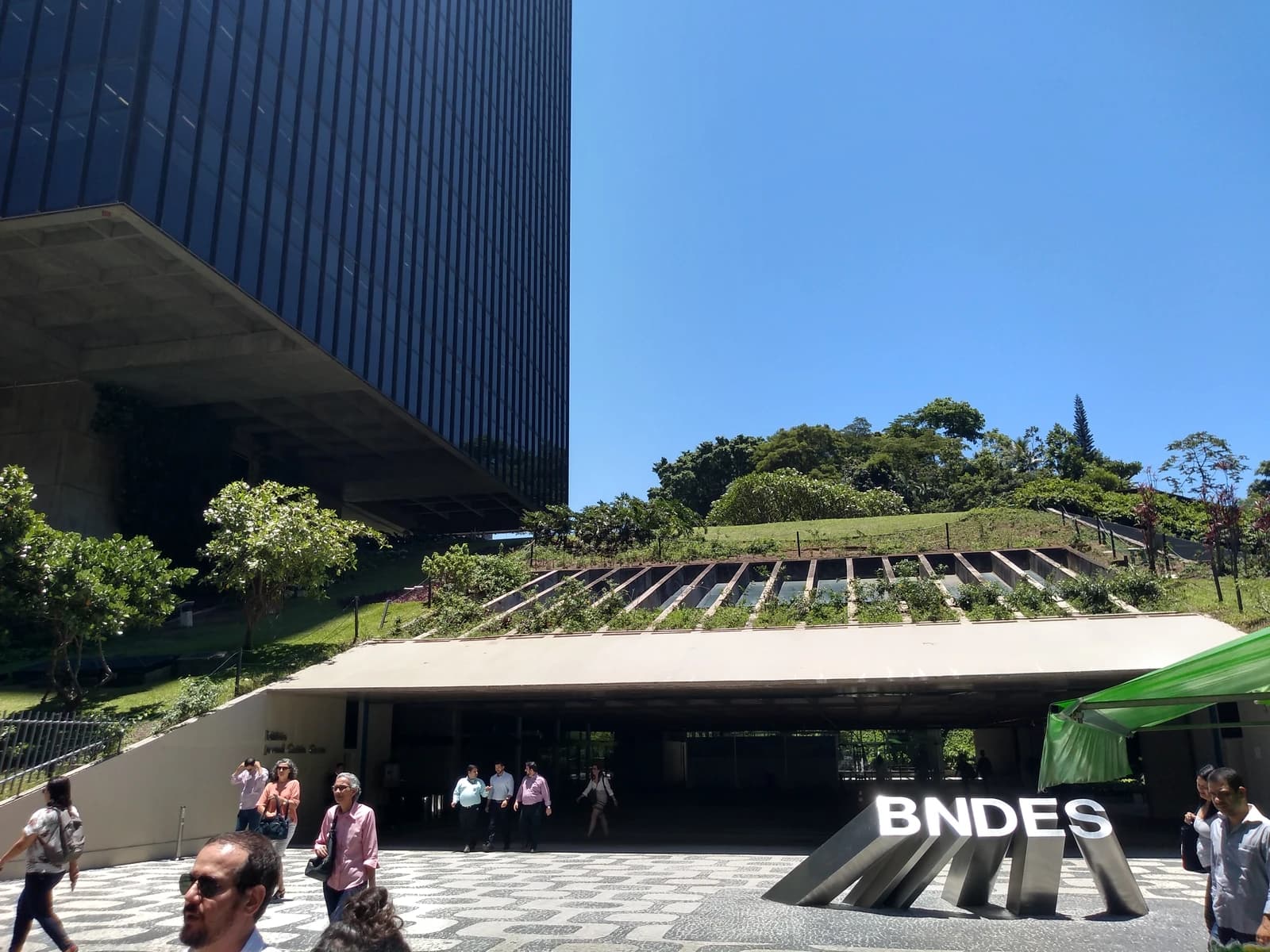 Exterior view of the BNDES building, a large structure with a modern design, on a clear day.