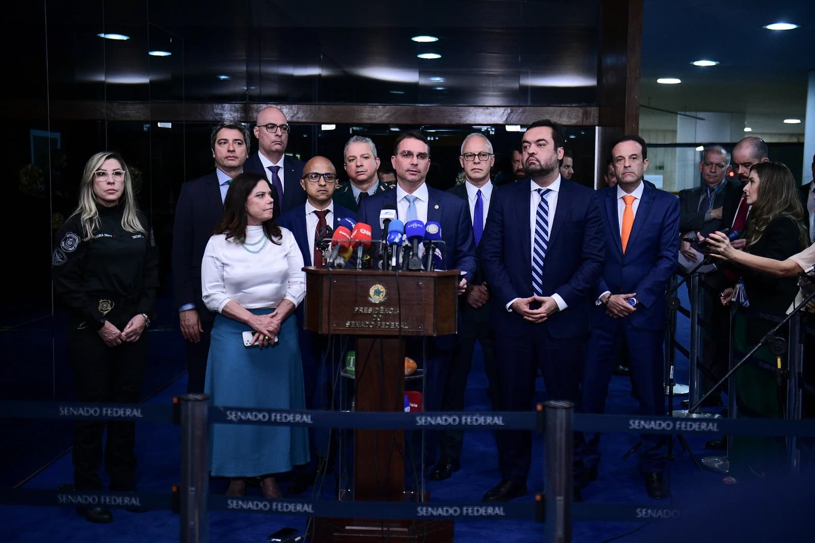 Flávio Bolsonaro, Brazilian politician, speaking at a press conference in the Federal Senate.