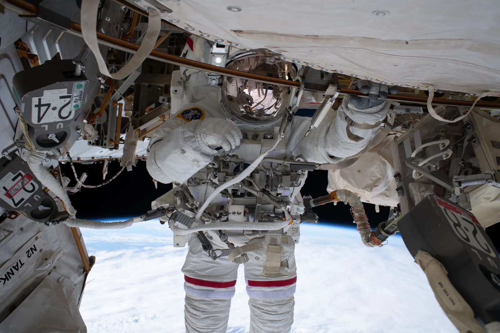 Sophie Adenot, ESA astronaut, on a spacewalk outside the International Space Station.