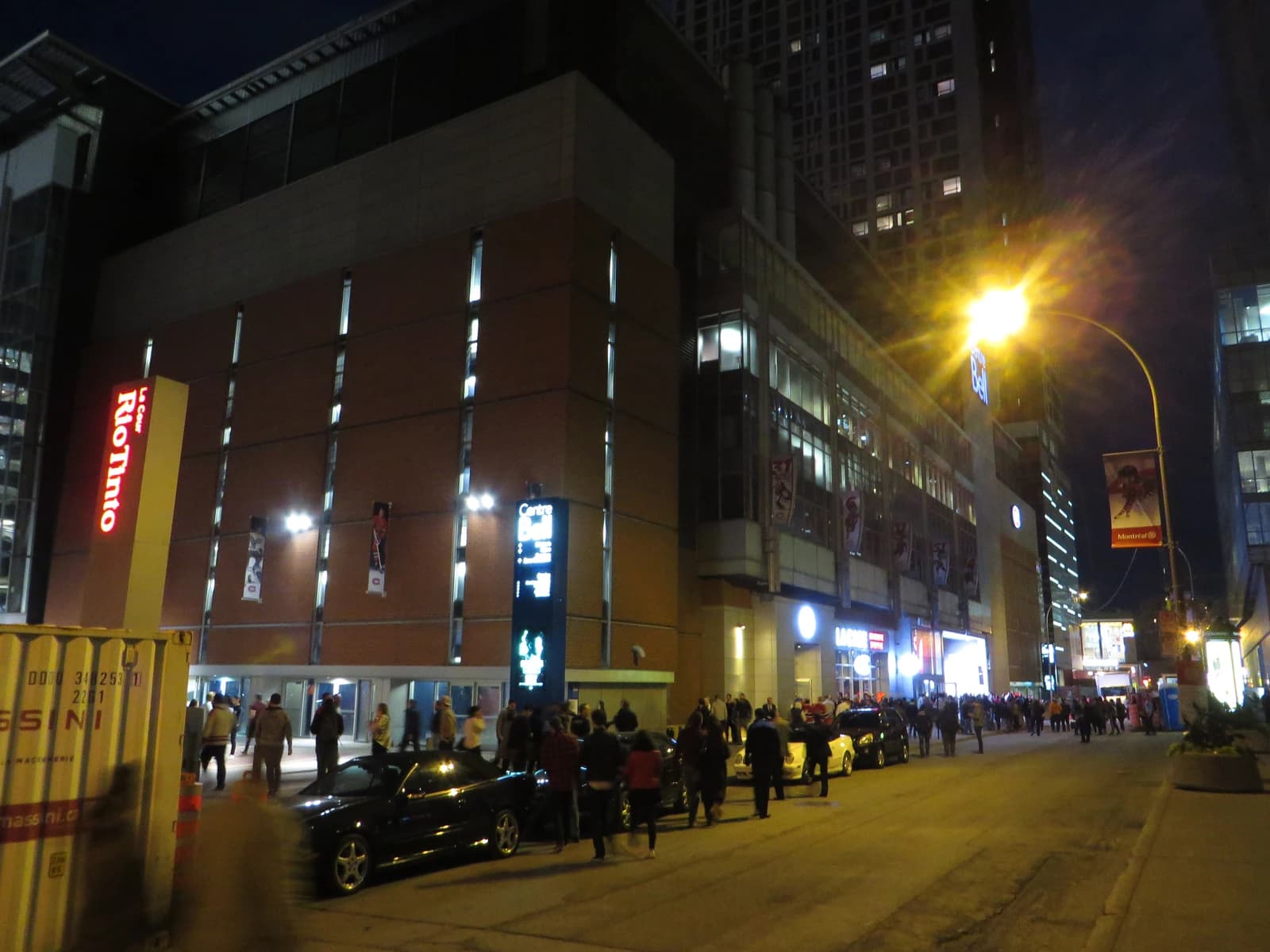 Exterior view of Centre Bell, home of the Montreal Canadiens, at night.