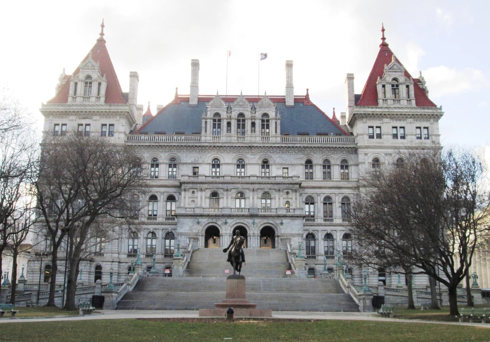 Southeast facade of the New York State Capitol building in Albany, New York.