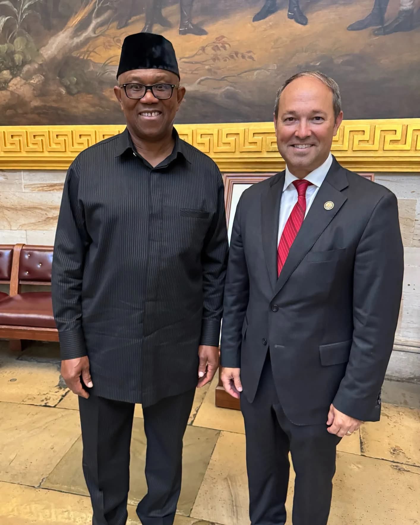 Peter Obi, Nigerian presidential candidate, and Marlin Stutzman, former US Representative, stand for a photo.