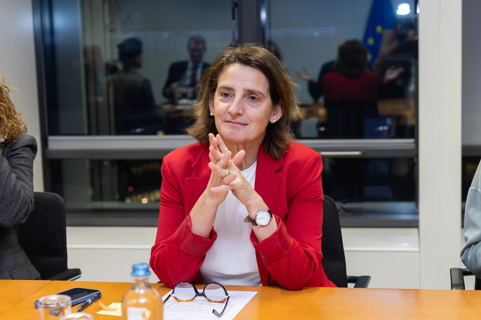 Female EU ambassador with folded hands seated at a conference table.