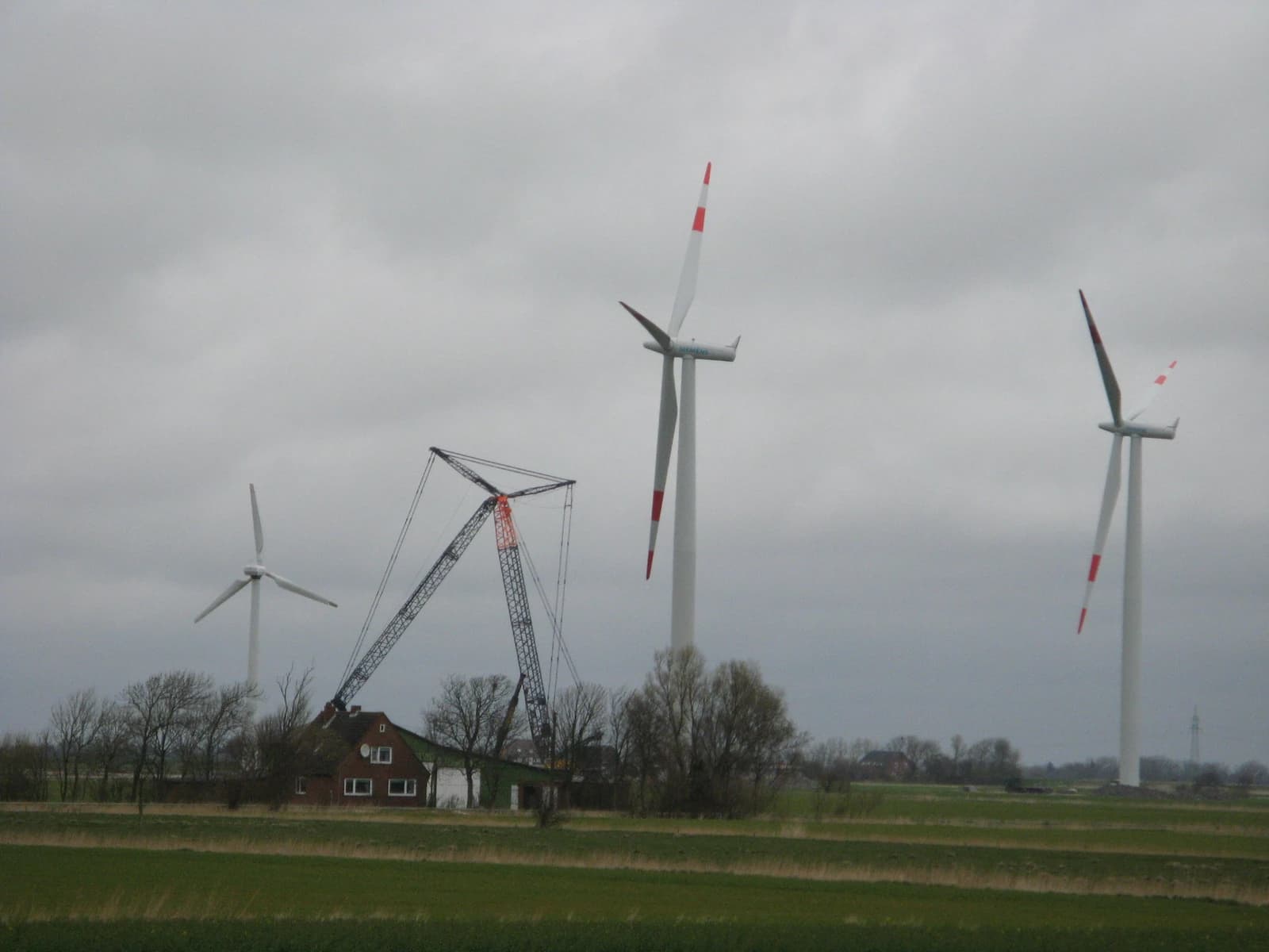 Several wind turbines and a large construction crane in a field.