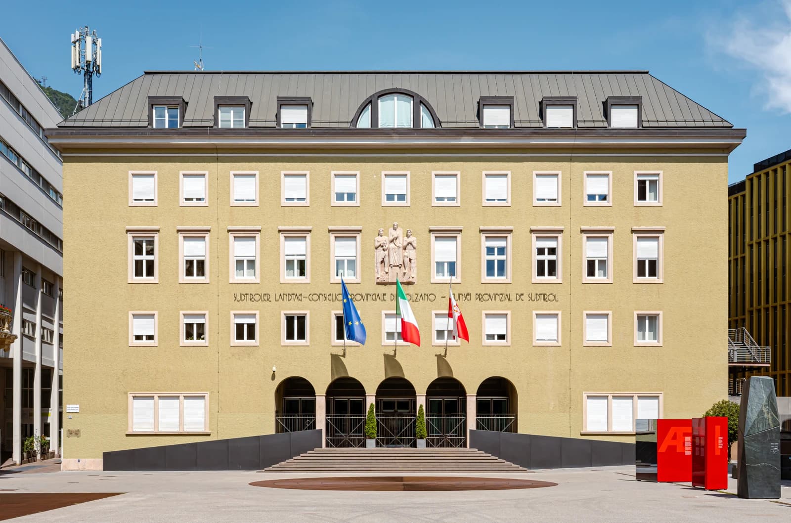 Exterior view of the Landtag building in Bolzano, South Tyrol.