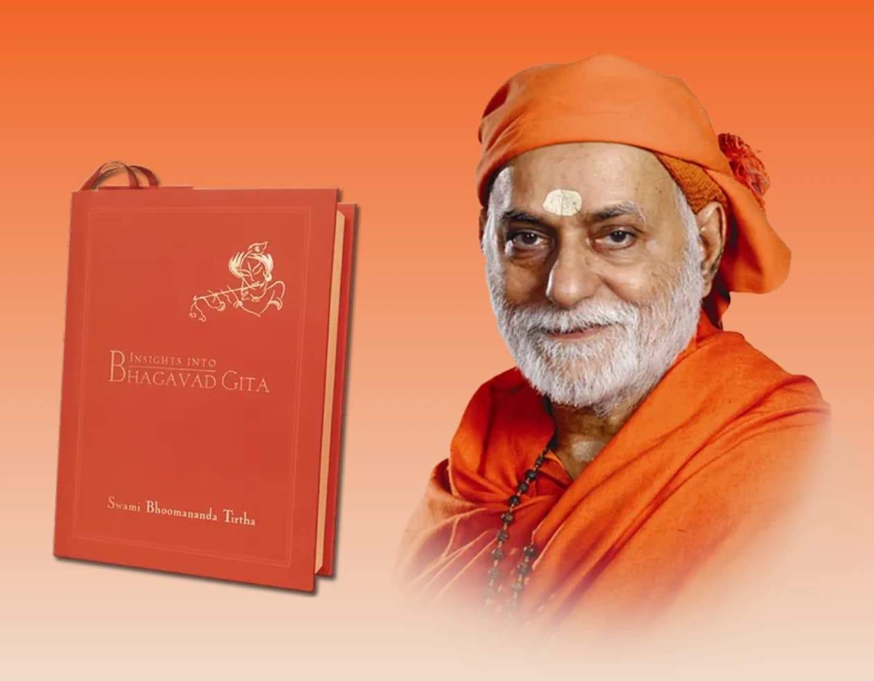 Swami Bhoomananda Tirtha, a Hindu monk, smiling in an orange background.