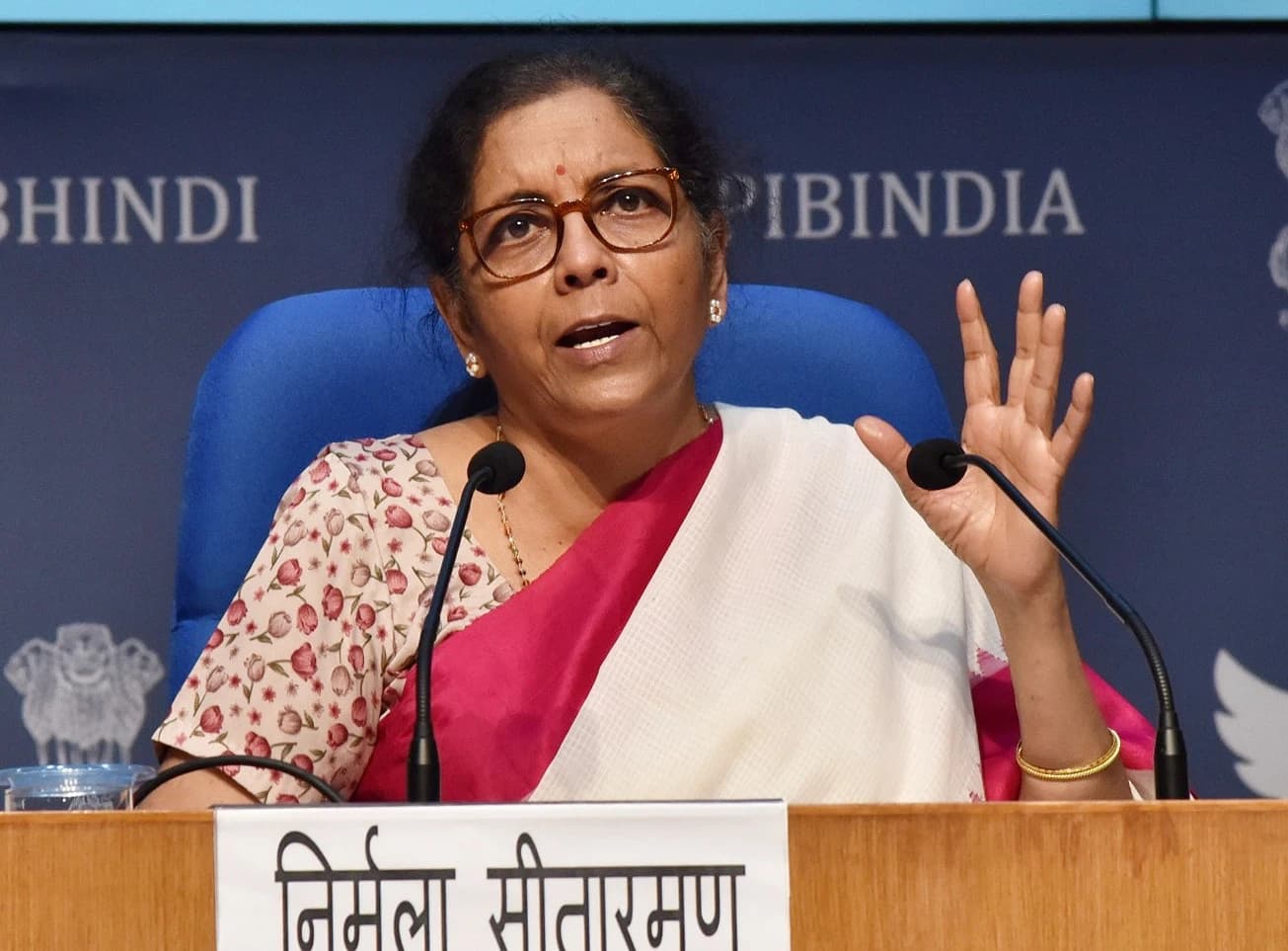 Nirmala Sitharaman, Indian Finance Minister, speaks at a press conference.