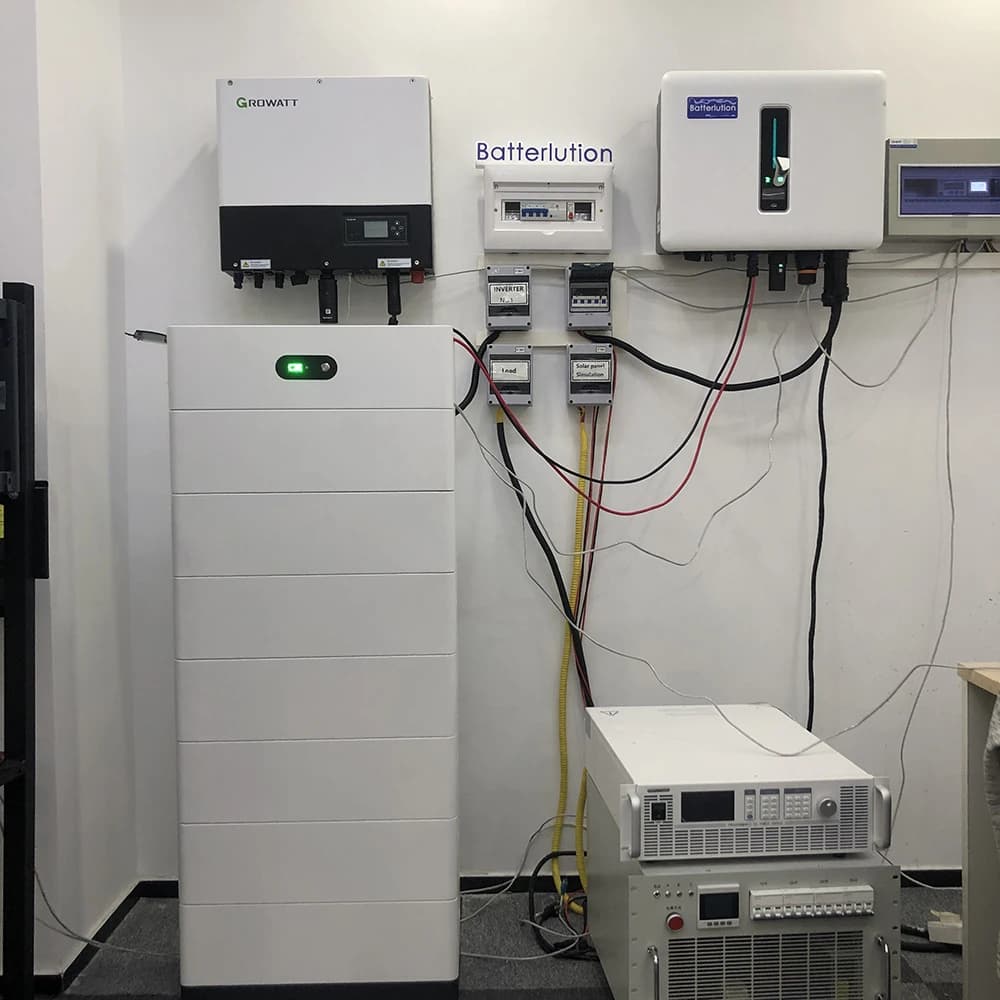 Household battery storage system, inverter, and circuit breakers mounted on a wall.
