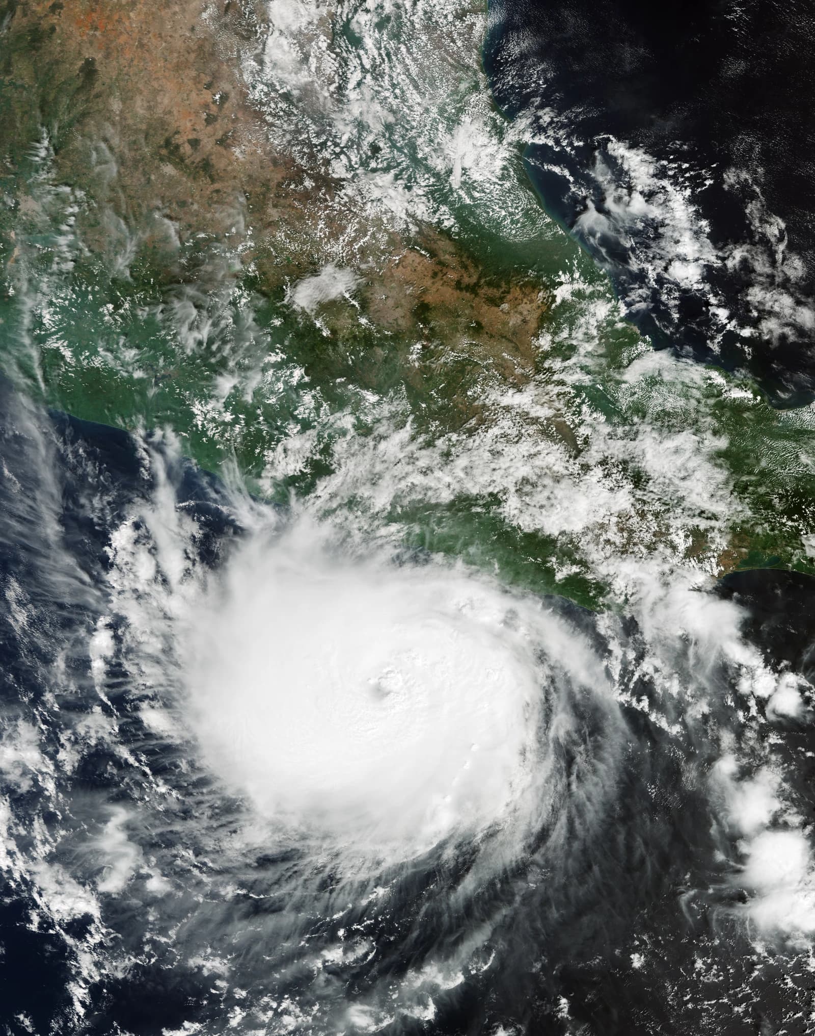 Satellite image showing the swirling white clouds of Hurricane Otis off the coast of Mexico.
