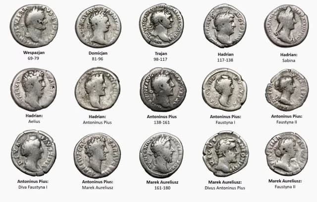 Fifteen ancient Roman silver coins with profile portraits and Latin inscriptions.