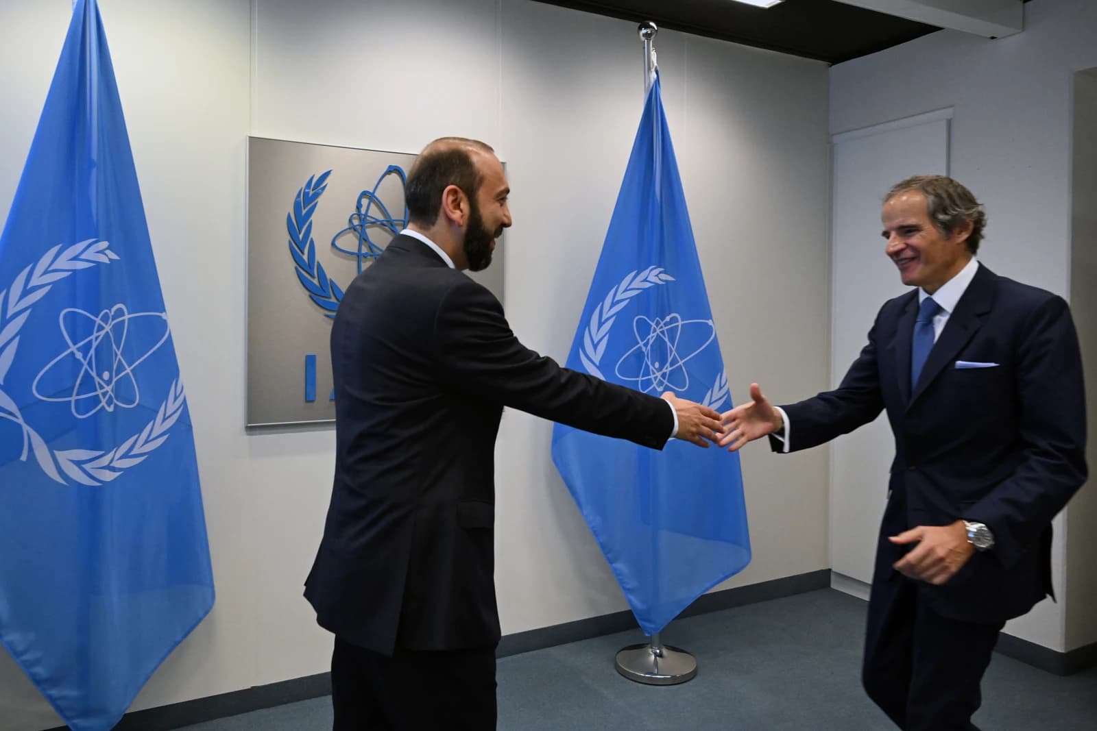 Ararat Mirzoyan, Armenian Foreign Minister, shaking hands with an official at an IAEA meeting.