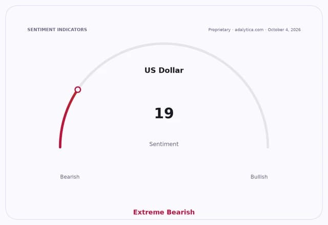 Gauge dial showing US Dollar sentiment at 19, indicating Extreme Bearish.
