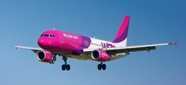 A Wizz Air Airbus A320-200 passenger airplane in the sky with landing gear deployed.
