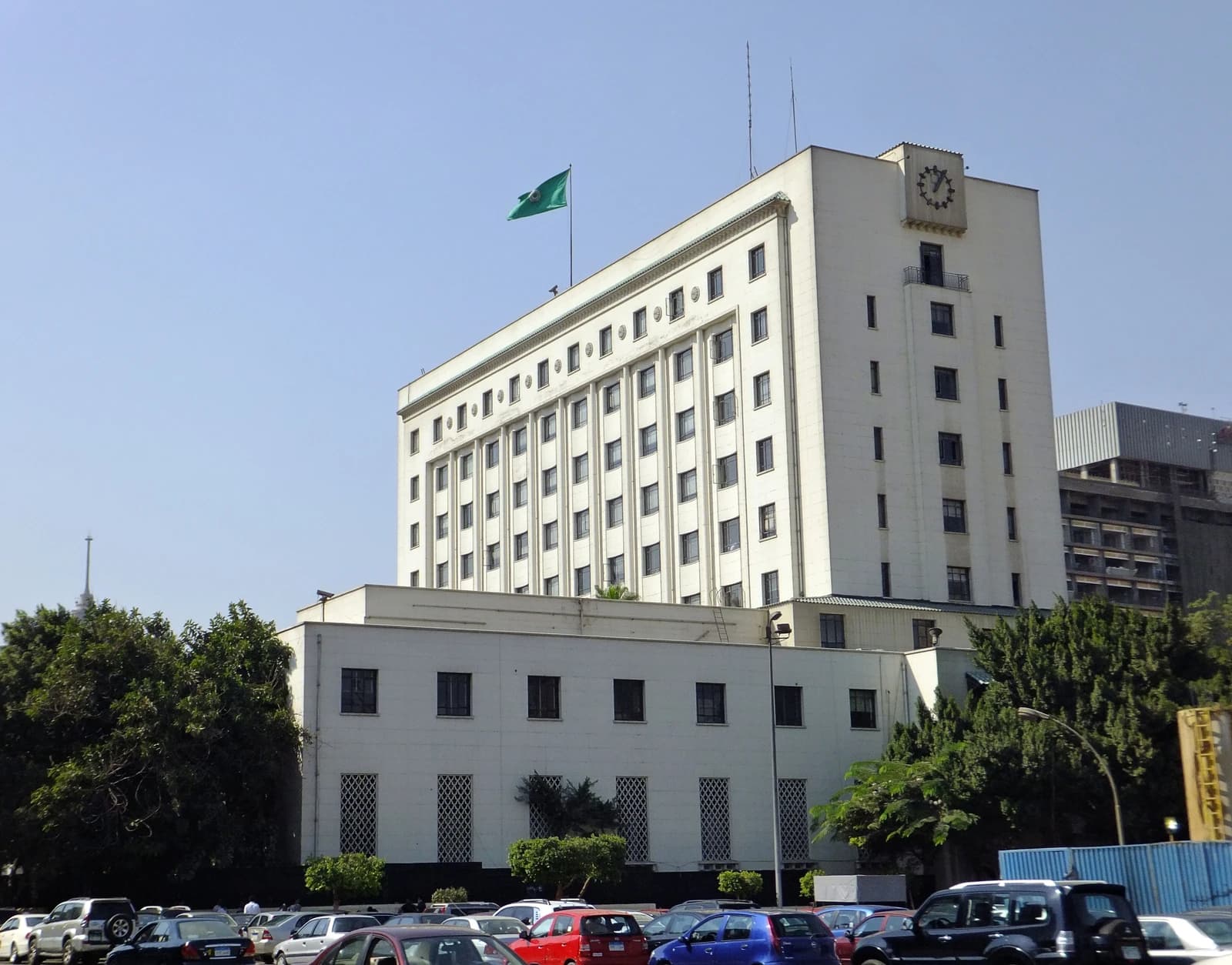 Exterior view of the Arab League building in Cairo, Egypt, under a clear sky.