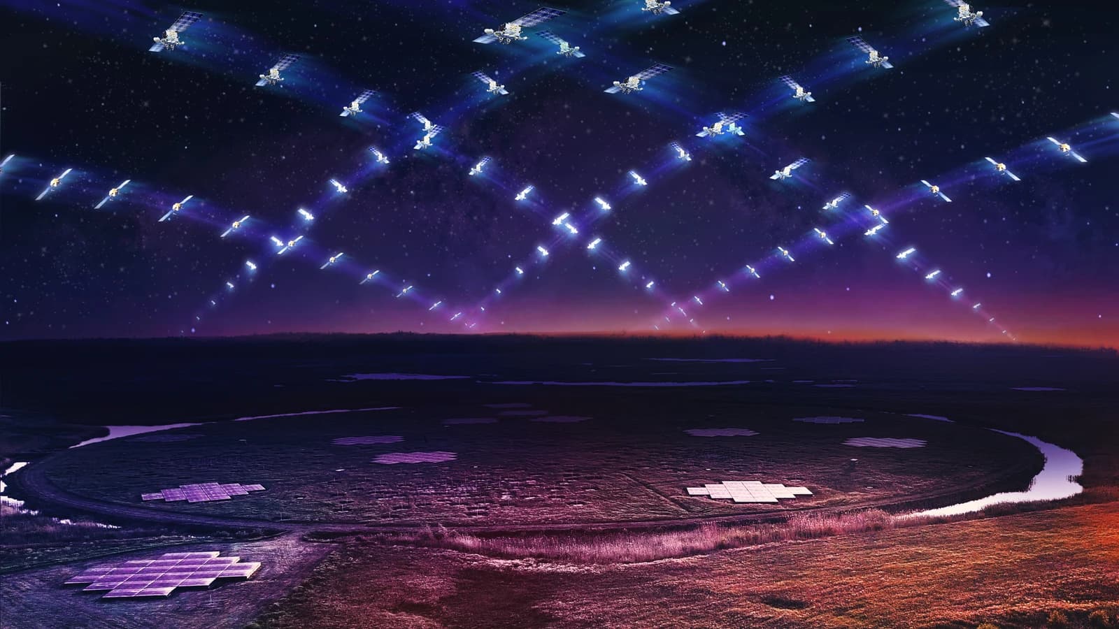Illustration shows multiple satellites beaming light down to a ground-based telescope array at night.