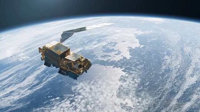 MetOp Second Generation A-type satellite orbits above Earth with solar panels deployed.