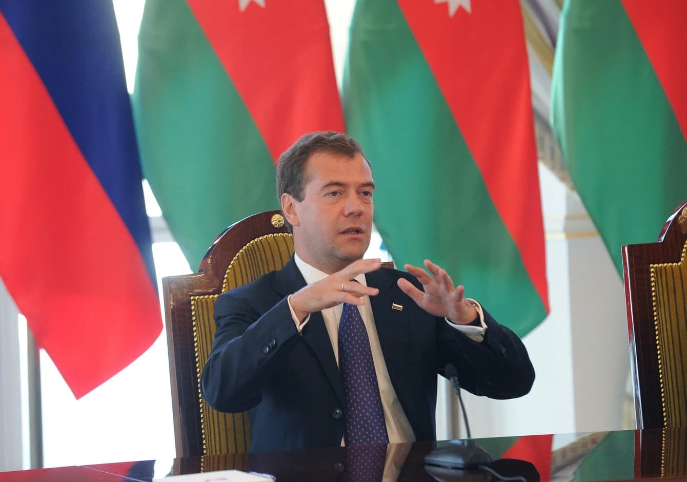 Dmitry Medvedev, former Russian President, speaking at a press conference.