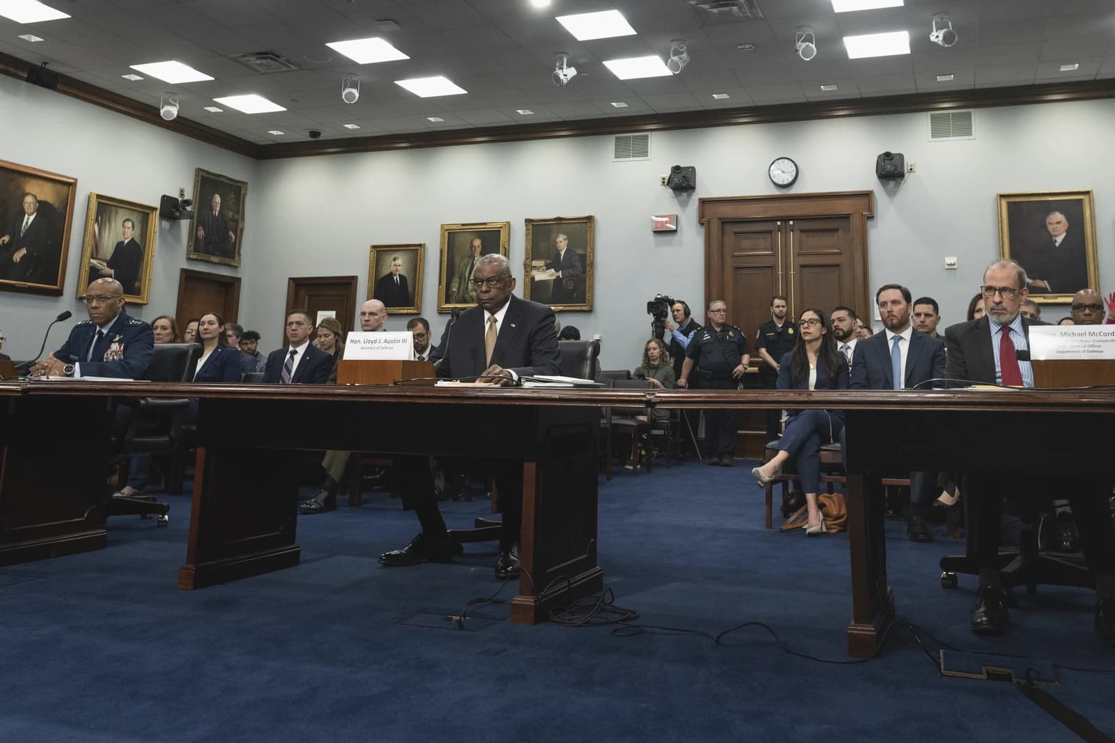 United States Secretary of Defense Lloyd Austin testifying at a House Appropriations Subcommittee hearing.