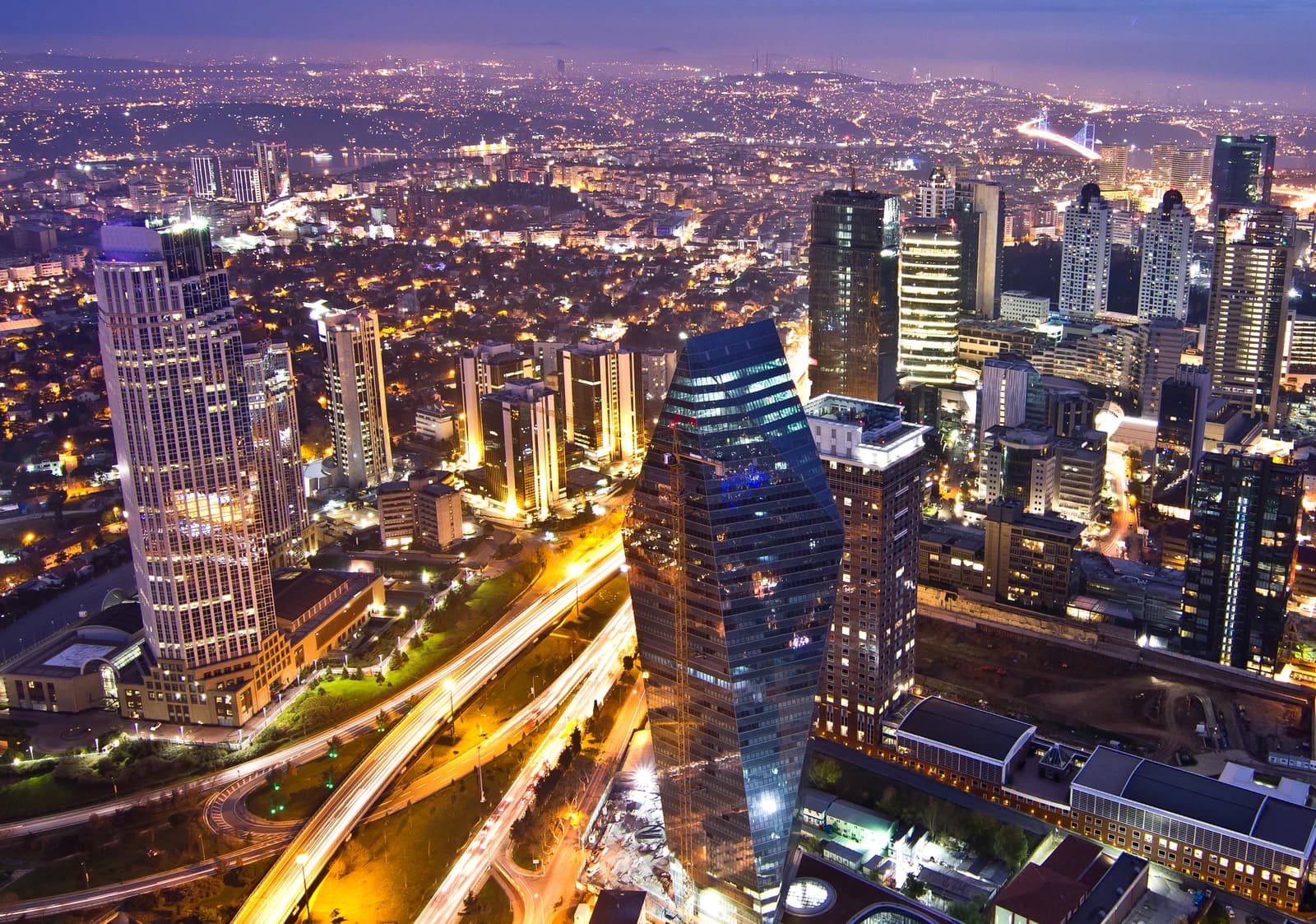 Aerial view of Levent financial district from Istanbul Sapphire at night.