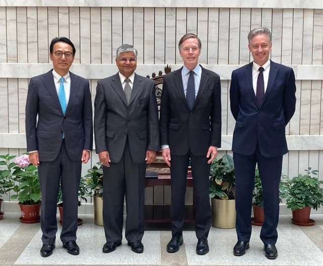 Ambassador Burns and Quad Ambassadorial colleagues from India, Japan, and Australia stand together.