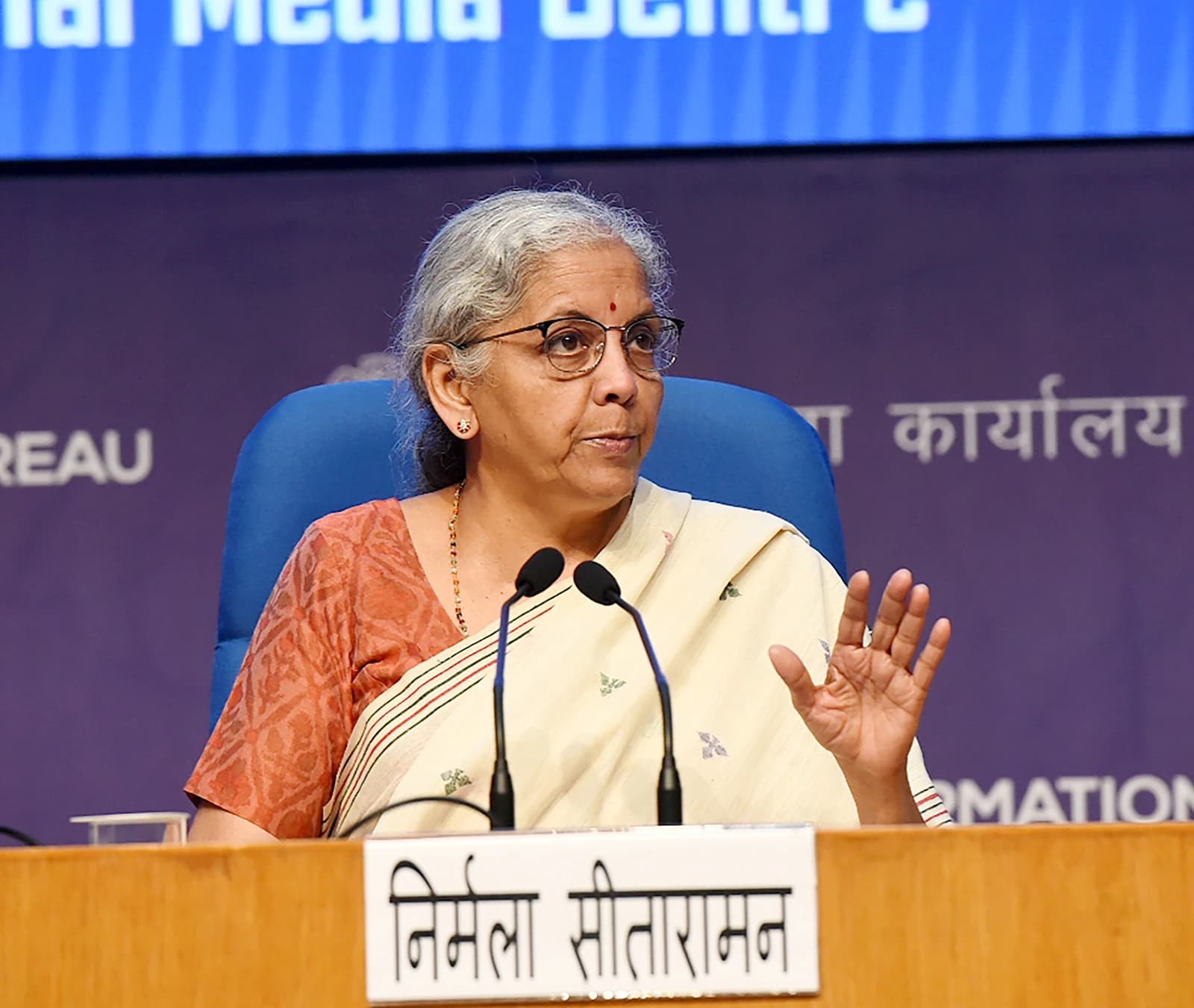 Nirmala Sitharaman, Union Minister for Finance, briefing the media in New Delhi.