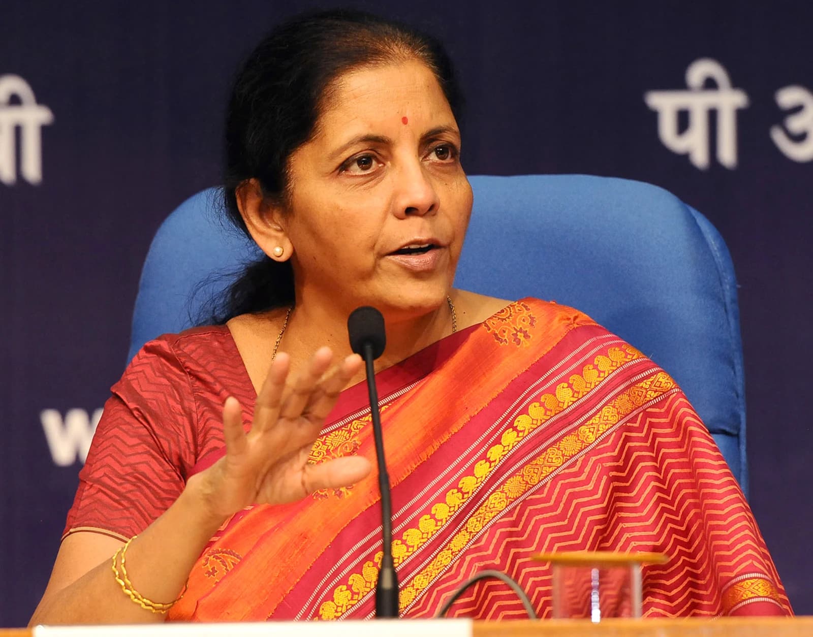 Nirmala Sitharaman, Minister of State for Commerce & Industry, speaking at a press conference.