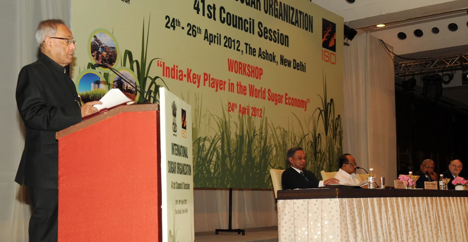 Pranab Mukherjee, former Minister, addresses the International Sugar Organisation event in New Delhi.