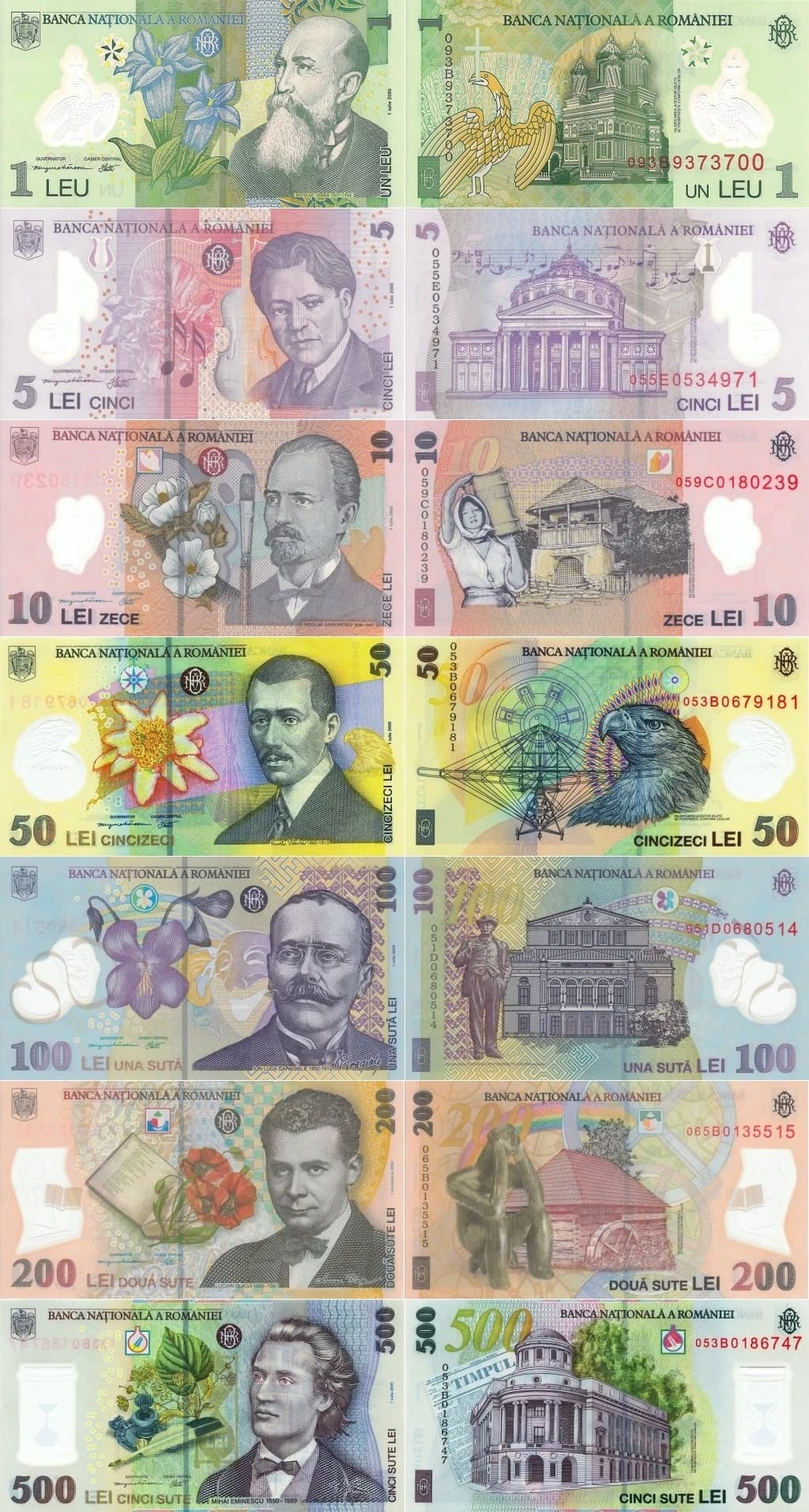 A full set of Romanian Leu banknotes, front and back, from the 2005 series.