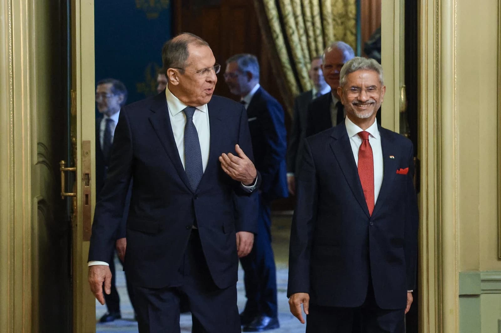 Sergey Lavrov, Foreign Minister of Russia, speaking with S. Jaishankar, External Affairs Minister of India.