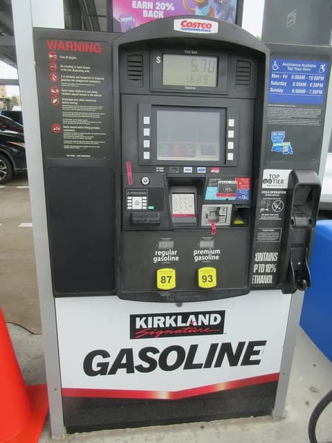 Costco gas pump showing fuel prices and branding.