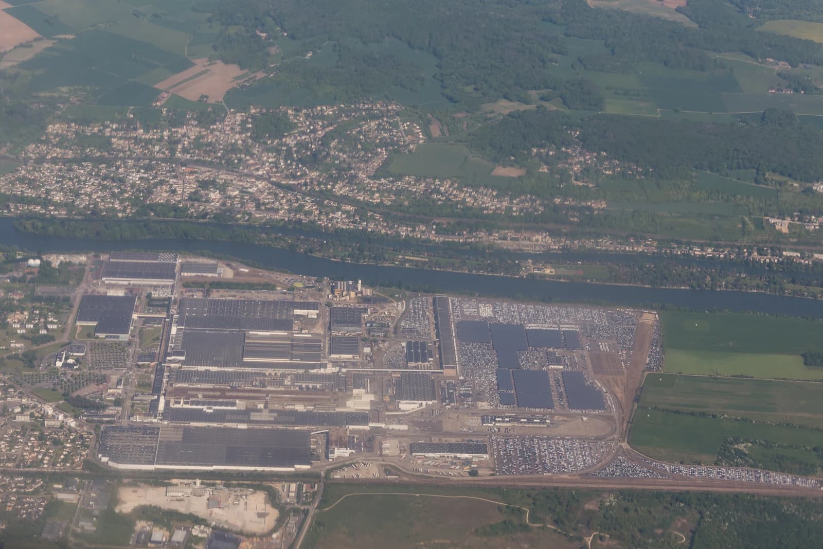 Aerial view of the large Renault car manufacturing plant in Flins-sur-Seine.