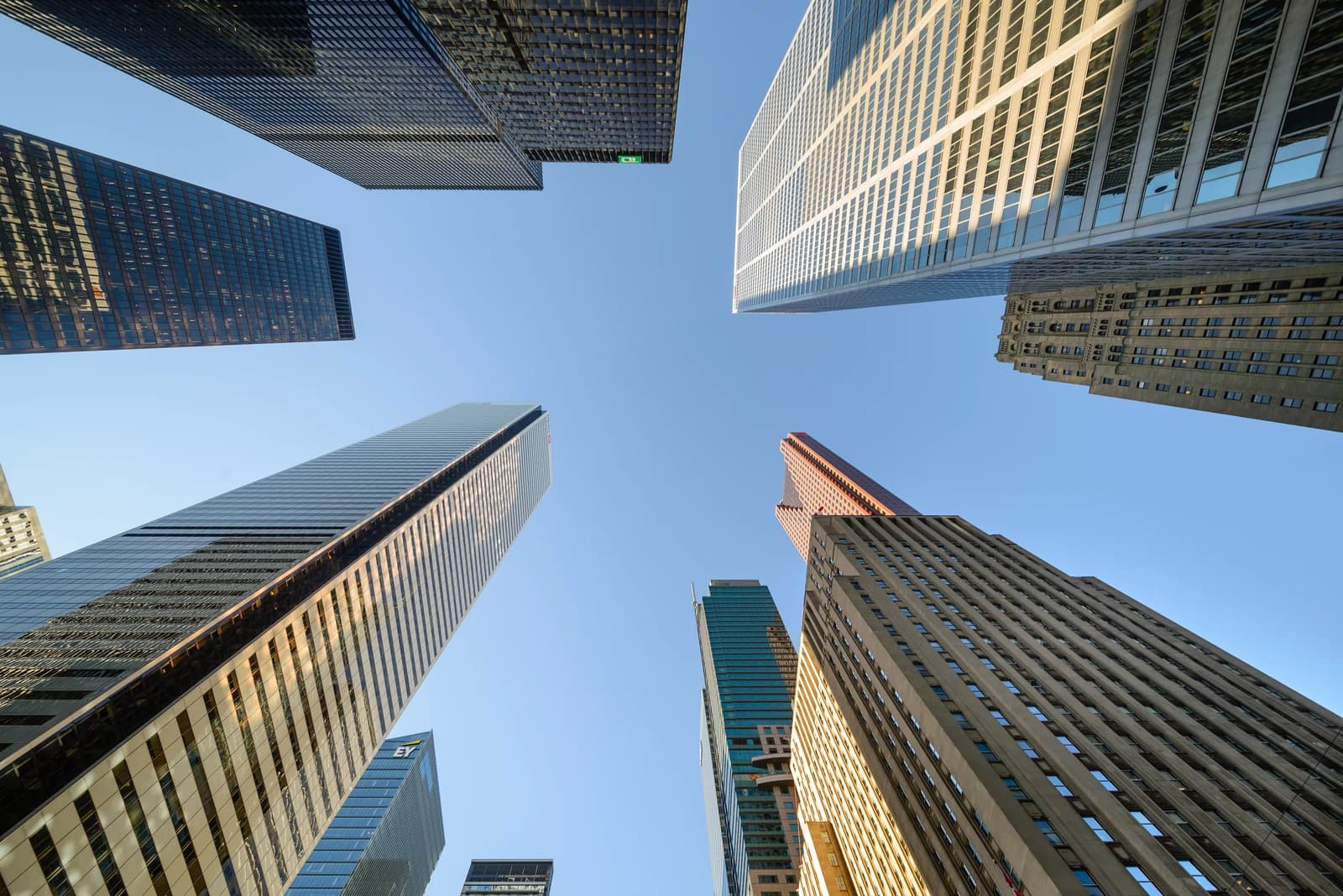 Skyscrapers in Toronto Financial District viewed from below.