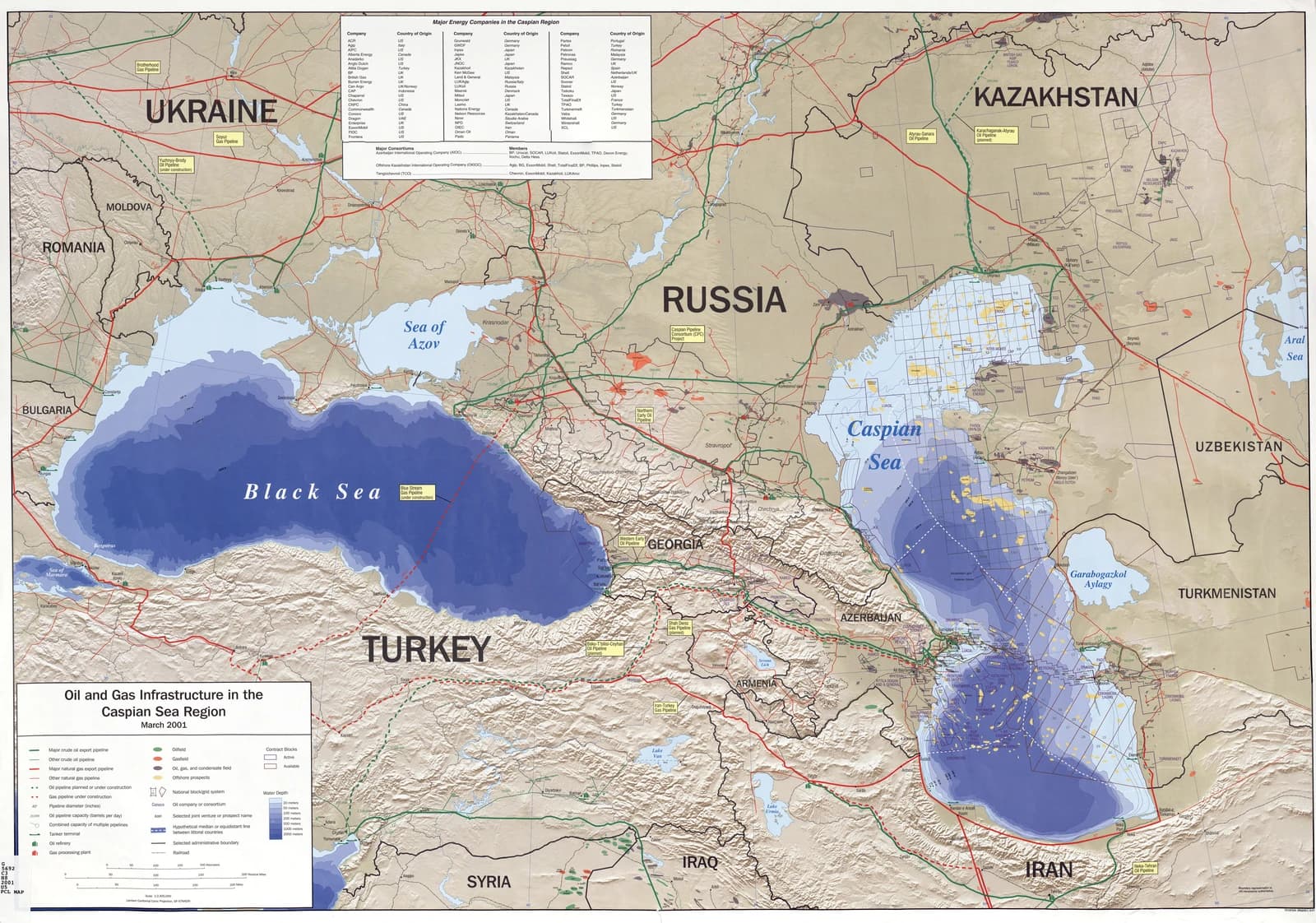Map of the Caspian Sea region detailing oil and gas infrastructure in 2001.