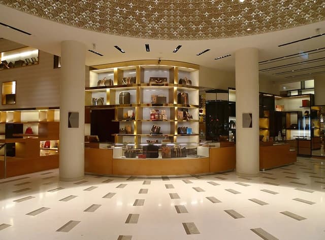 An interior view of a Louis Vuitton retail store with display cases.