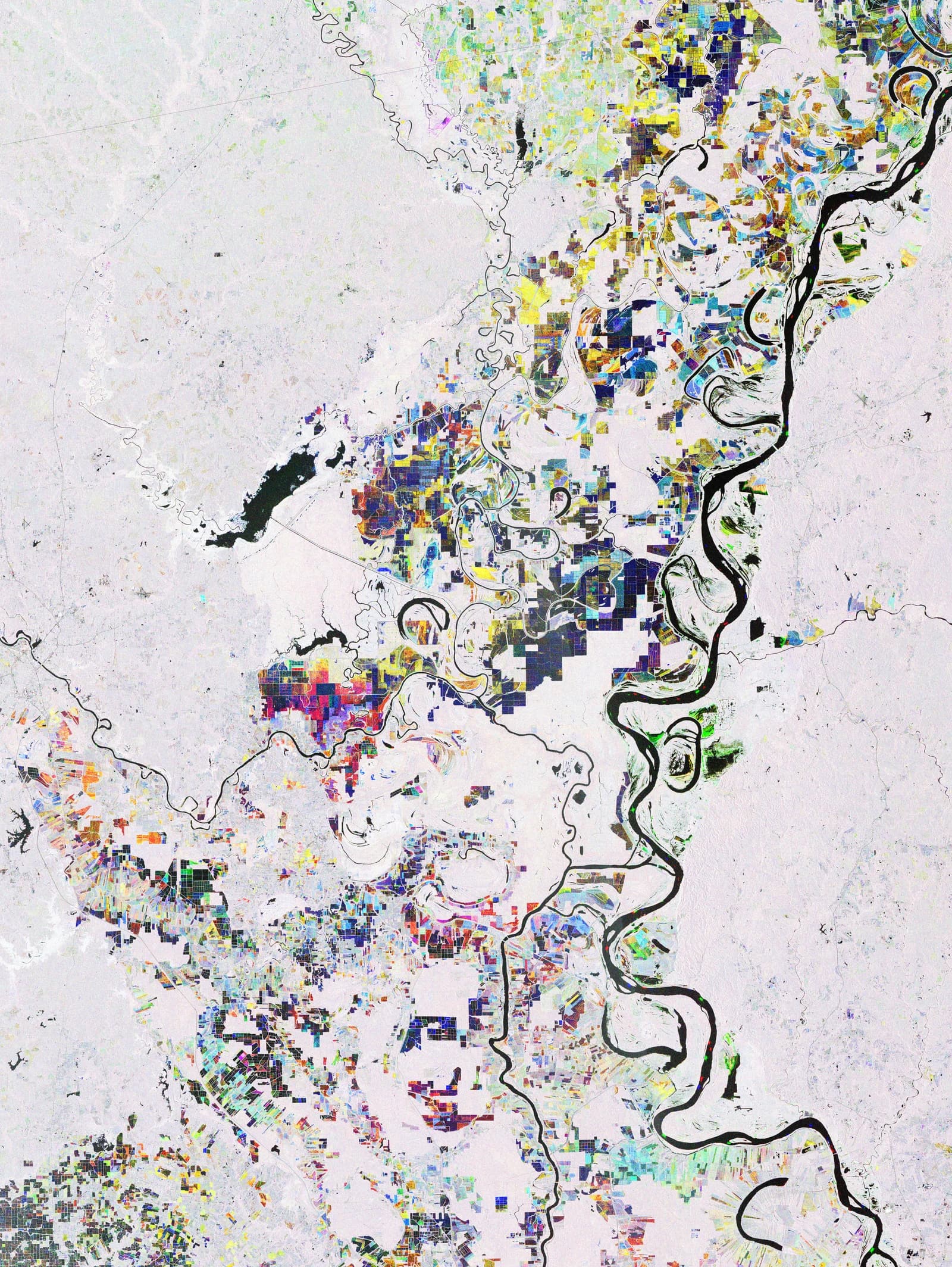 Satellite image of multi-colored agricultural fields bordering the winding Mississippi River.