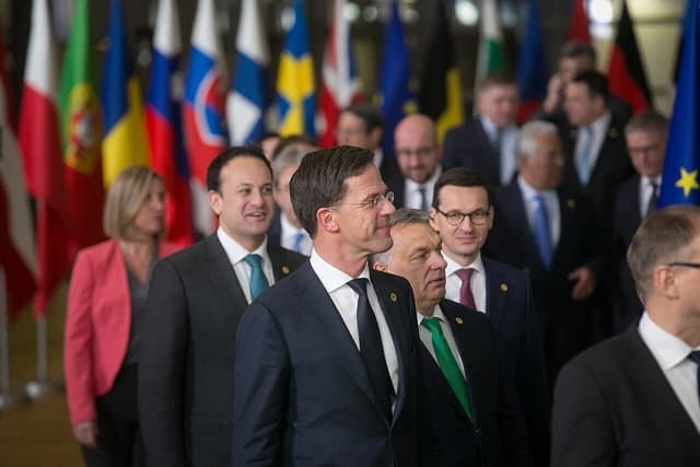 Mark Rutte, Prime Minister of the Netherlands, and Viktor Orbán, Prime Minister of Hungary, at a European Council meeting.