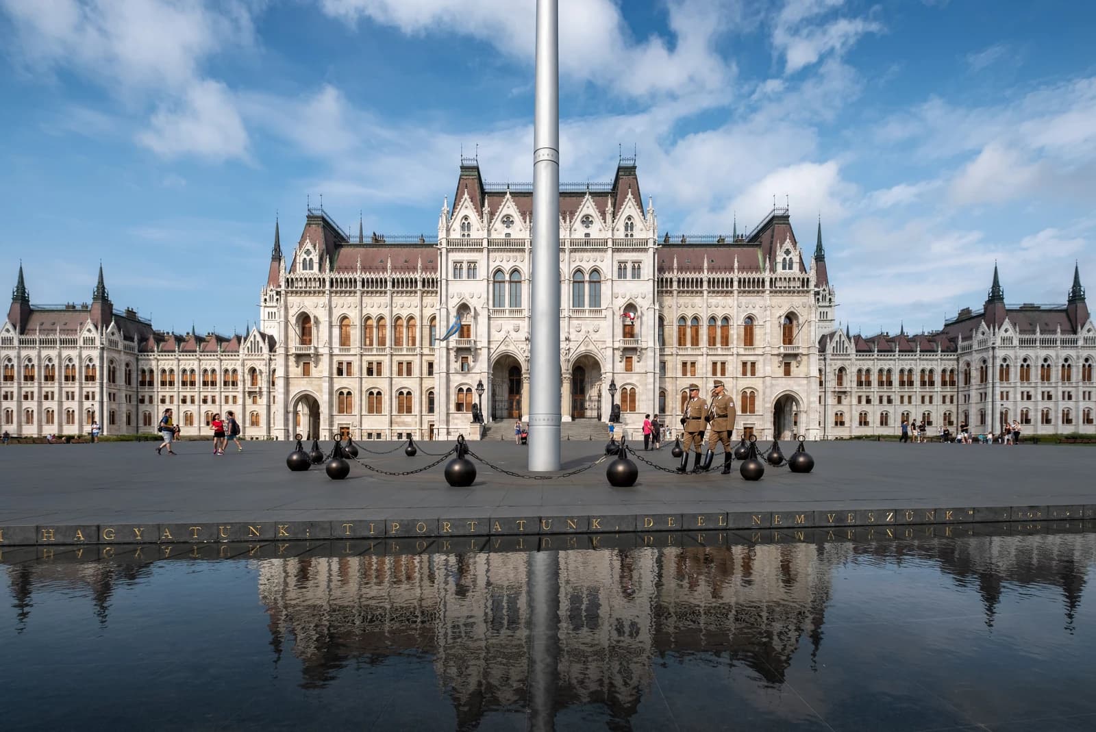 East facade of the Hungarian Parliament Building in Budapest with guards during a ceremony.