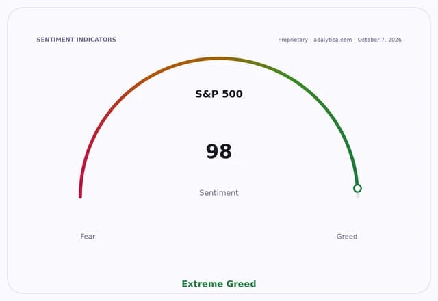 A sentiment dial for the S&P 500 showing a reading of 98, indicating Extreme Greed.