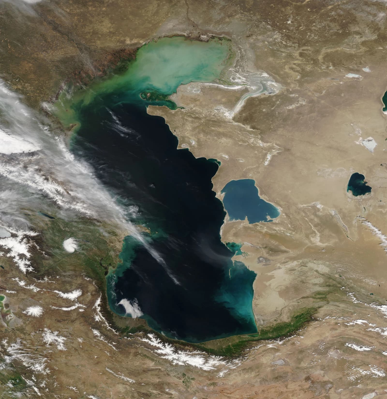 Satellite view of the Caspian Sea, bordering countries, and surrounding terrain.
