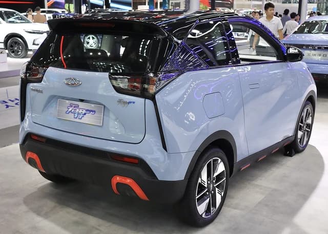 Rear view of a light blue 2022 Chery Wujie Pro electric car.