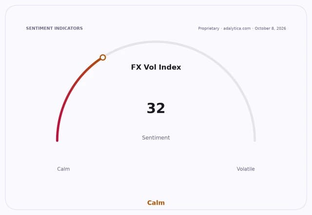 A sentiment gauge dial for FX Vol Index, pointing to 32, indicating a 'Calm' state.