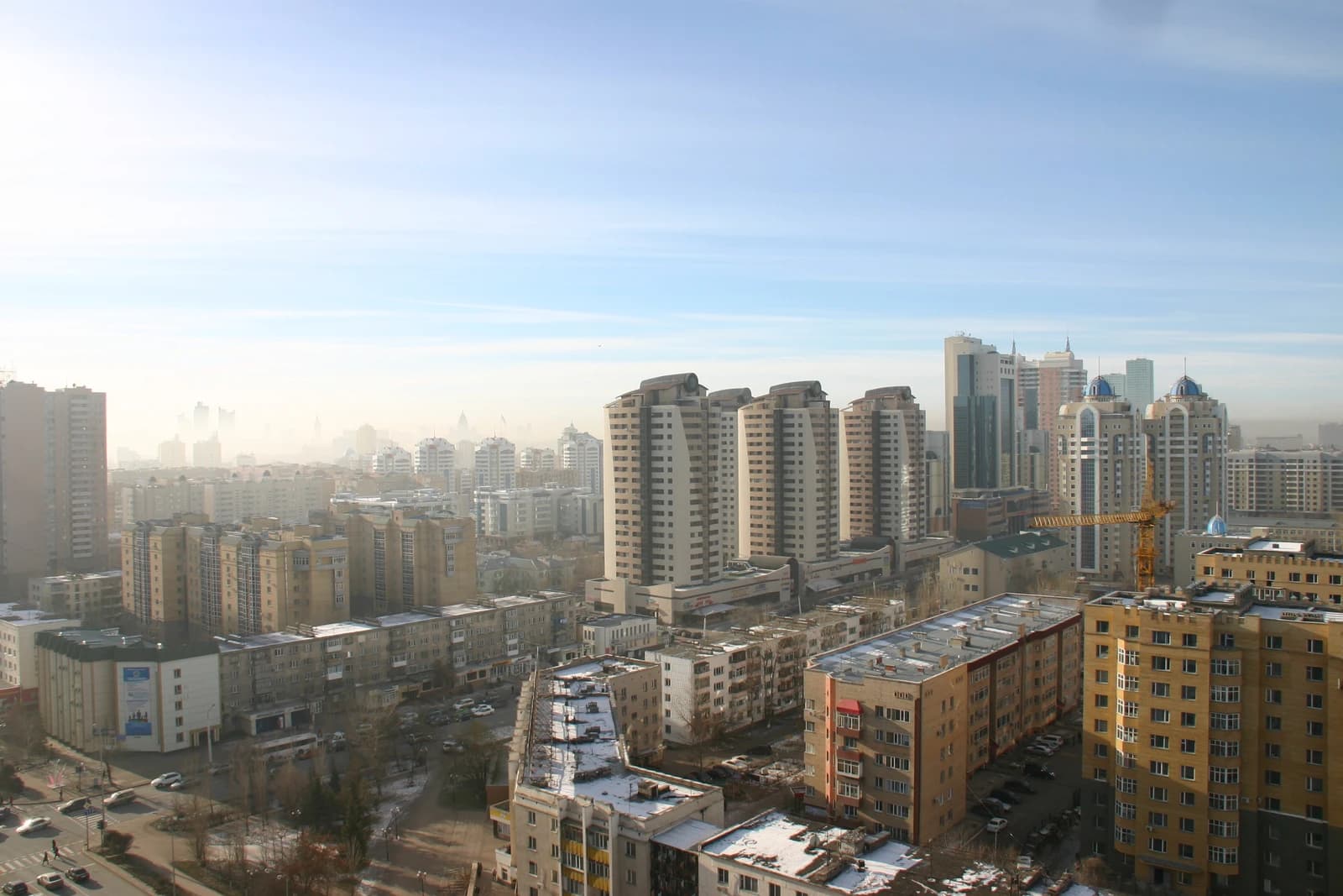 Panoramic view of city buildings and residential blocks in Astana, Kazakhstan.