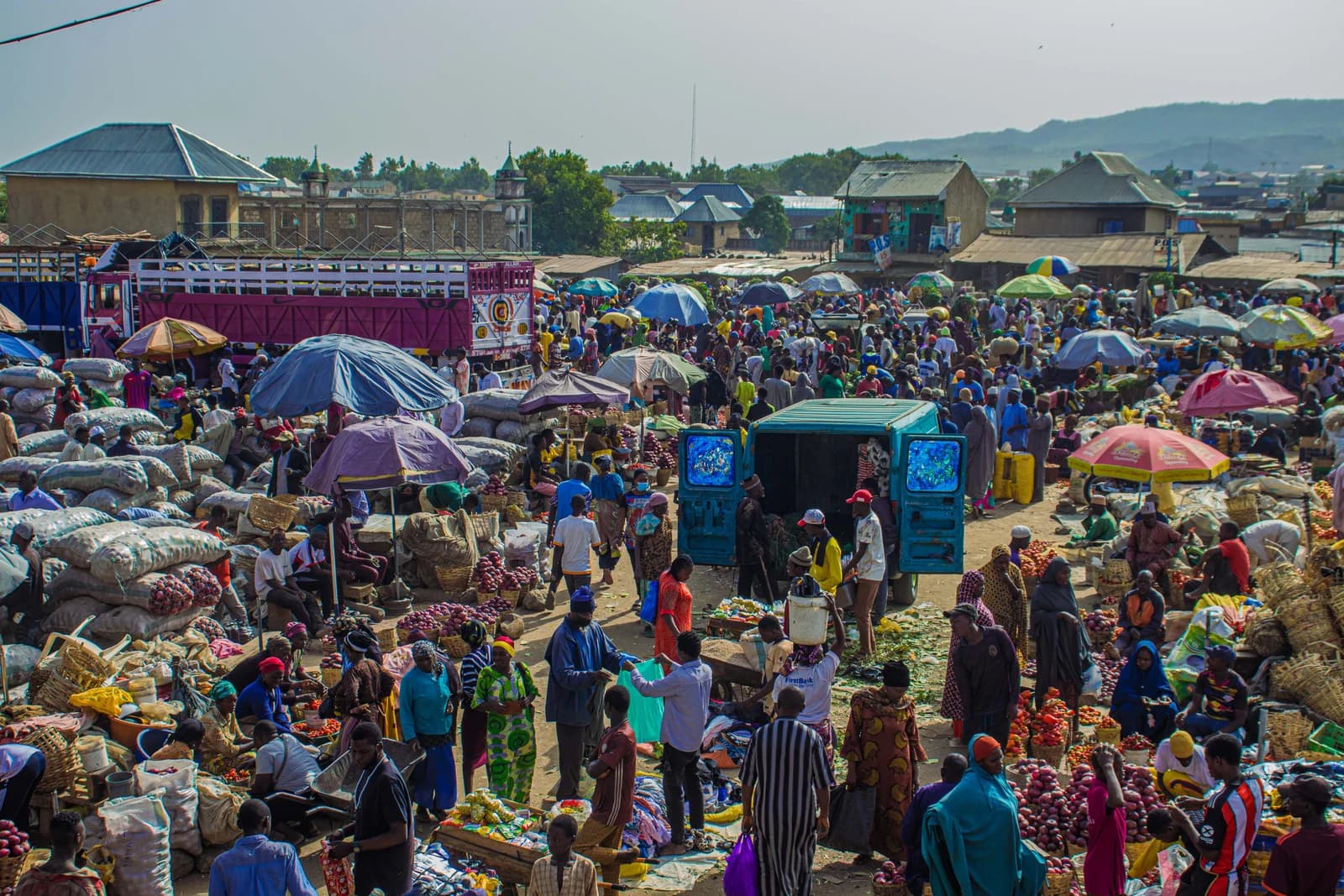 Crowded Nigerian food market showing fresh produce, sacks of goods, and many people.