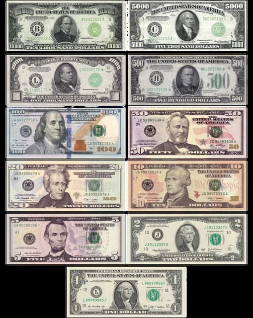 Close-up of US banknotes showing different denominations from one dollar to ten thousand dollars.