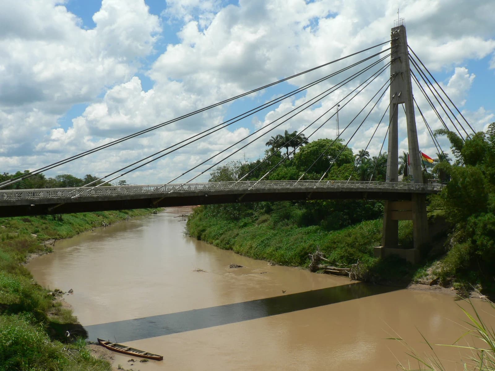 The Puente Cobija-Brasiléia, a cable-stayed bridge, spans a wide river under a cloudy sky.