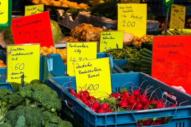Close-up of fresh produce including broccoli, radishes, and garlic with price signs at a market.