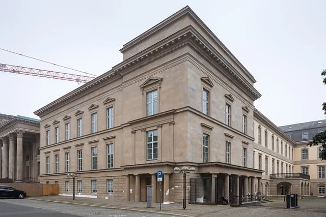 Exterior of Leineschloss parliament building in Hannover, Germany on an overcast day.
