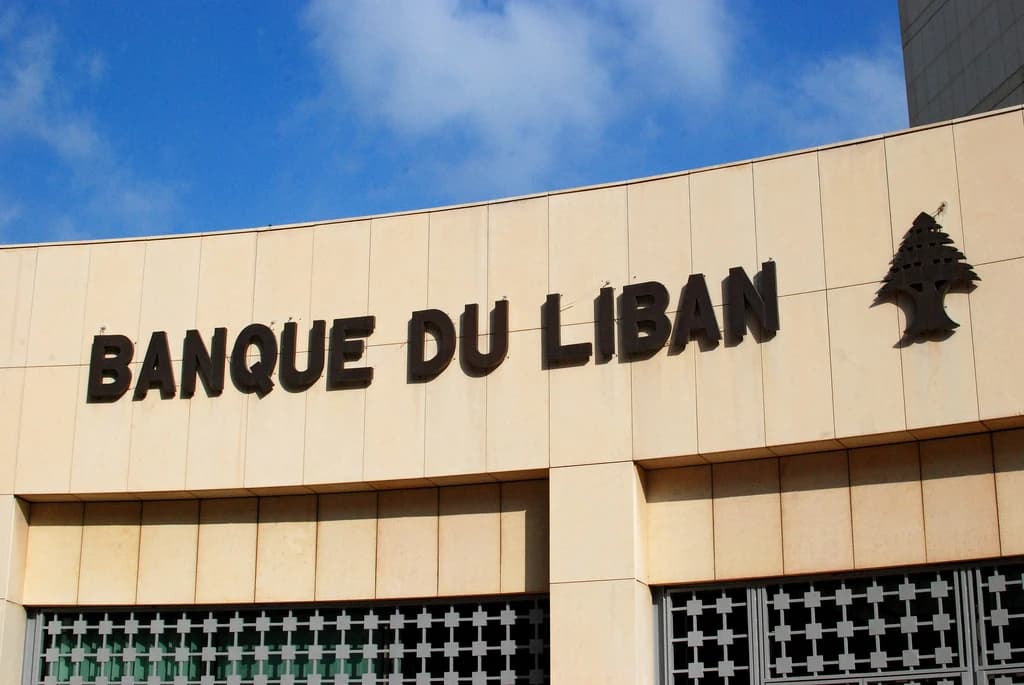 Signage for Banque du Liban, Lebanon's central bank, on a building facade.