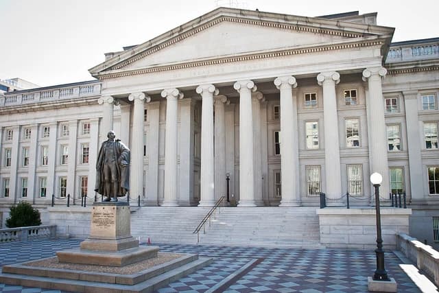 Exterior view of the United States Treasury Department building in Washington D.C.